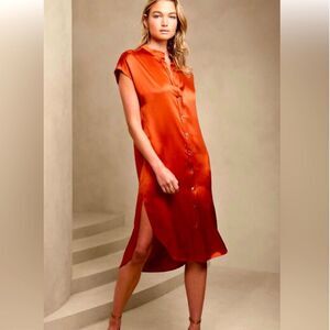 Banana Republic 100% Silk Burnt Orange Serenade Midi Shirt Dress Large Tall